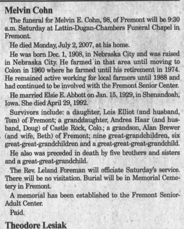 Obituary for Melvin E. Cohn, 1908-2007 (Aged 98)